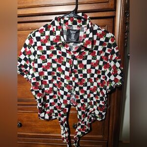 Checkered Rose Print Button-Up Shirt